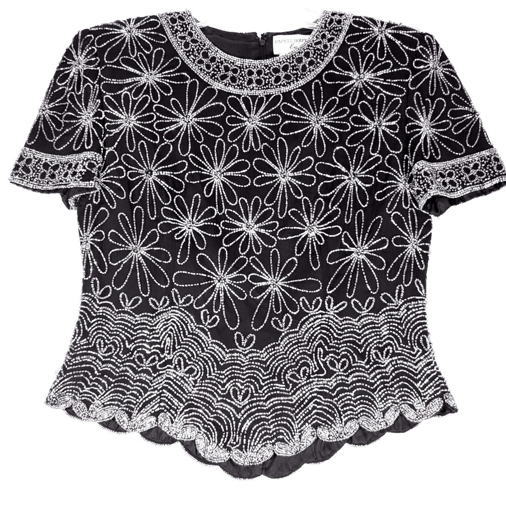 Papell Boutique Black Silk Beaded Evening Top Size Small